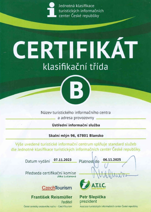Informační centrum skalní Mlýn - certifikát ATIC 2023