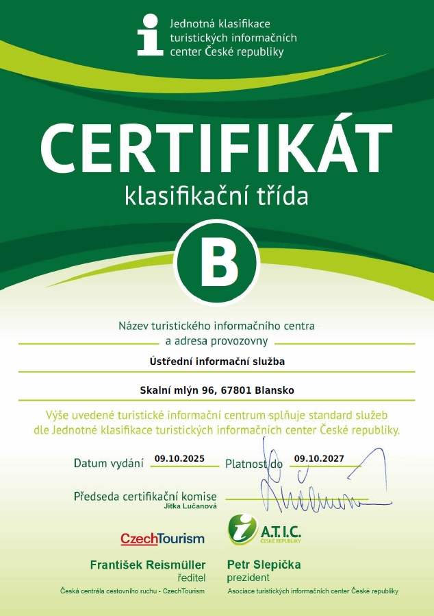 Certifikát - ATIC - Ústřední informační služba Skalní Mlýn